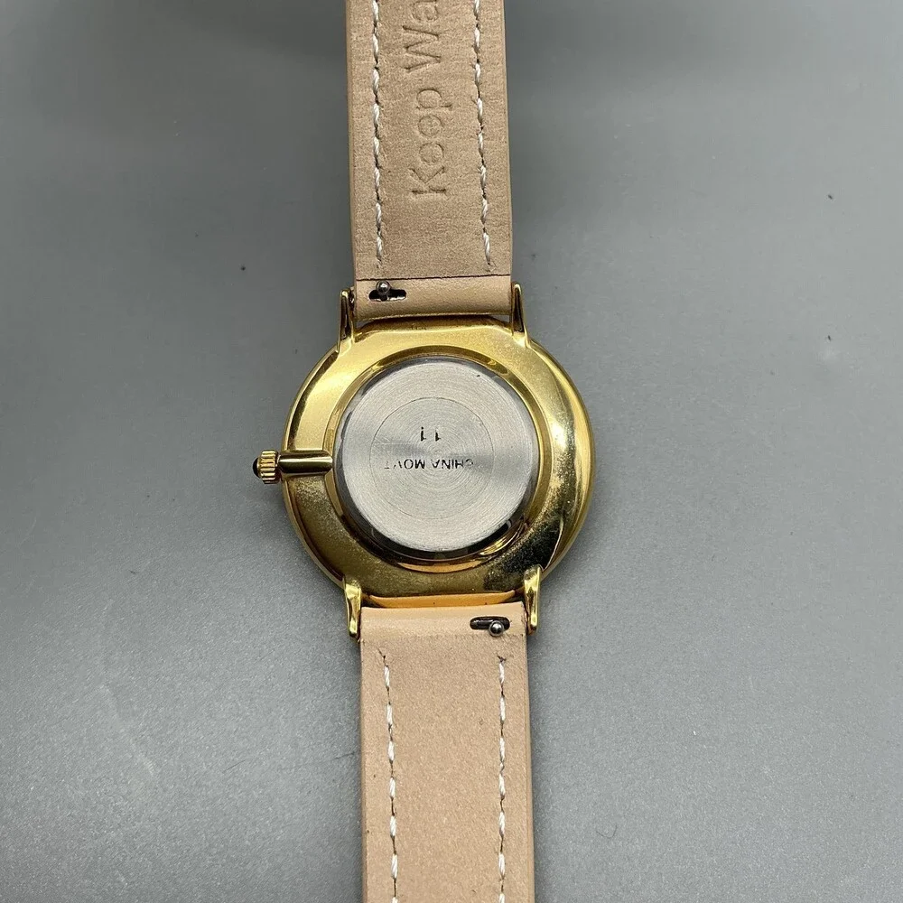 Womens Watch 33mm Brown Bear Dial Gold Tone Beige Leather Strap New Battery